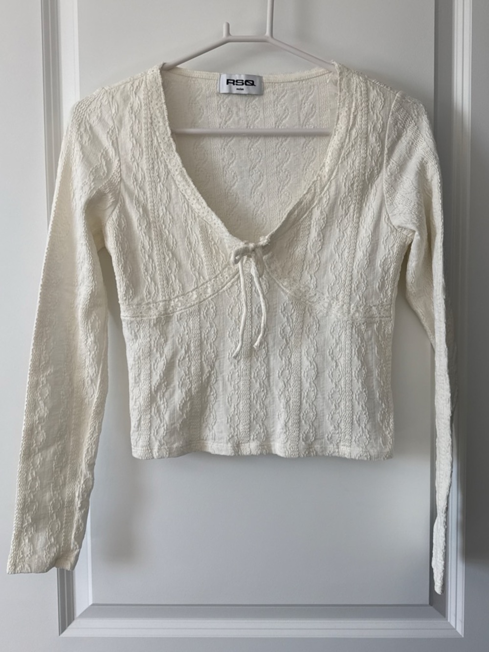 RSQ Cream Tie-Front Long Sleeve Lace-Texture Top